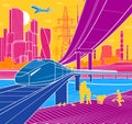 Colorful Infrastructure town illustration. Train rides on bridge. Automotive overpass. Modern city at color background, tower and Royalty Free Stock Photo