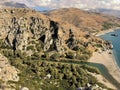 Preveli palm beach and river landscape with mountains on Crete island