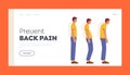 Prevent Back Pain Landing Page Template. Scoliosis and Spine Backbone Curvature Concept. Man Correct and Wrong Posture