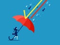 Prevent or control crises. Businesswoman protecting herself with big umbrella from arrows