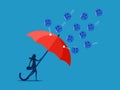 Prevent or control your emotions. Businesswoman protects herself with big umbrella from negative thoughts