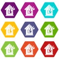 Preventing fire icon set color hexahedron