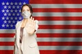 Prevention of coronavirus COVID-19 and SARS cov 2 and Coronavirus disease in USA concept. Woman in anti virus protection mask