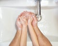 Prevention. dad with small daughter washing hands. Royalty Free Stock Photo