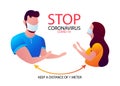 Prevention tips infographic of coronavirus 2019 nCoV. One meter distance between people, medical mask Royalty Free Stock Photo