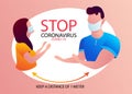 Prevention tips infographic of coronavirus 2019 nCoV. One meter distance between people, medical mask. Royalty Free Stock Photo