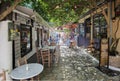 Preveza city buildings alleys taverns in the city in summer noon, greece