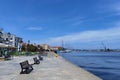 Preveza city dock boats palm trees in spring season greece