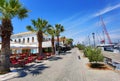 Preveza city dock boats palm trees in spring season greece