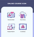 Preview online course icon interactive book cloud library multiple platform e-certificate with outline filled color modern flat