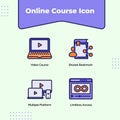 Preview online course icon video course shared bookmark multiple platform limitless access with outline filled color modern flat
