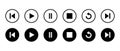 Previous, play, pause, stop, repeat, and next track icon on black circle. Media player control button
