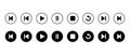 Previous, play, pause, stop, repeat, and next track icon on black circle. Media player control illustration