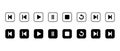 Previous, play, pause, stop, repeat, and next track icon on black square. Media player control button