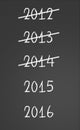 Previous years crossed and new years 2015, 2016 on chalkboard