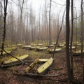 Previously flooded, dry road between trees in autumn. Broken boats, way to escape concept. Damaged woods in the forest