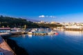 Prewinter  breathtaking landscape view from the other end of Seasom Bridge backed by mountain view and blue sky and water at the Royalty Free Stock Photo