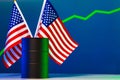 Price of american oil is changing concept. Black barrel with oil and graph