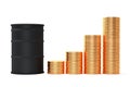 Price oil brent grow up rise concept. Pile of gold coins. Black oil barrel and money gold coins. 3d illustration