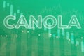 Price change on trading Canola futures on magenta finance background from graphs, charts, columns, pillars, candles, bars, number