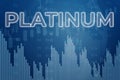 Price change on trading Platinum futures on blue finance background from graphs, charts, columns, earth, bars, candles. Trend up