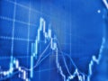 Price chart bars. Analyzing data. Stock market, trend line in a candlestick form. Using digital tablet computer for analysis stock