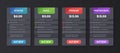 Price comparison layout. Tariff tier, pricing table with options for Starter, Basic, Premium and Professional subscription plans. Royalty Free Stock Photo