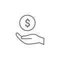 Price cost line icon. Dollar hand salary sign save money price economy coin vector line icon.