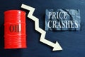 Price crashes sign and crude oil barrel with falling arrow