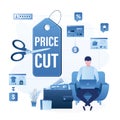 Price cut, holiday or seasonal sales, discounts. Male consumer buys goods in internet store. Scissors cut price tag in half