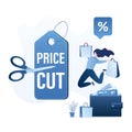 Price cut, holiday or seasonal sales. Woman customer with shopping bags. Sale and discounts. Scissors cut price tag in half