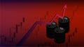 Price growth charts for Oil on red background with barrels and red upward arrows. World crisis and collapse. Banner for news with