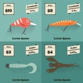 Price labels fishing equipment and lures in vintage style