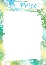 Price list template for business design. Watercolor abstract frame green, yellow and blue gradient with white blots and