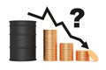 Price oil brent down concept. Black oil barrel and money gold coins. 3d illustration