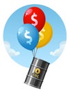 Price of oil is rising. Balloons lift up a barrel of oil.