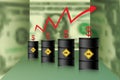 The price of oil is rising. Barrels of oil, dollar and infographics with a red up arrow. Rising crude oil prices concept, vector Royalty Free Stock Photo