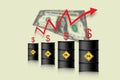 The price of oil is rising. Barrels of oil, dollar and infographics with a red up arrow. Rising crude oil prices concept, vector Royalty Free Stock Photo