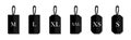 Price tag collection. Black tags in shapes with strings. Size m, l, xl, xxl, xs. etc Royalty Free Stock Photo
