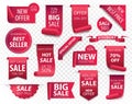 Price tags, red ribbon banners. Sale promotion, website stickers, new offer badge collection isolated. Vector