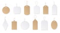 Price tags. White paper blank hanging labels with string. Cardboard shop signs mockups for christmas gifts isolated