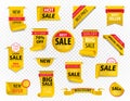 Price tags, yellow ribbon banners. Sale promotion, website stickers, new offer badge collection isolated. Vector