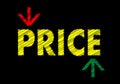 Price writing with up down arrow on black chalkboard