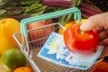 Prices of food, vegetables and fruits in Albania, Financial concept, Tomato placed in a basket along with Albanian money Royalty Free Stock Photo