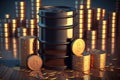 prices stock oil rise Growth coins golden stack barrels Oil Royalty Free Stock Photo