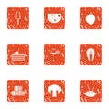 Pricey snack icons set, grunge style