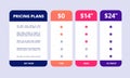 Pricing table. Comparison price chart web banner, advertising app checklist with premium business options, offer vector