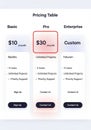 Pricing table features three columns: Basic, Pro, and Enterprise. Royalty Free Stock Photo