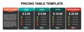 Pricing table, plan list, or comparison template vector. Business presentation, infographic, website element, hosting plan