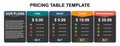 Pricing table, plan list, or comparison template vector. Business presentation, infographic, website element, hosting plan